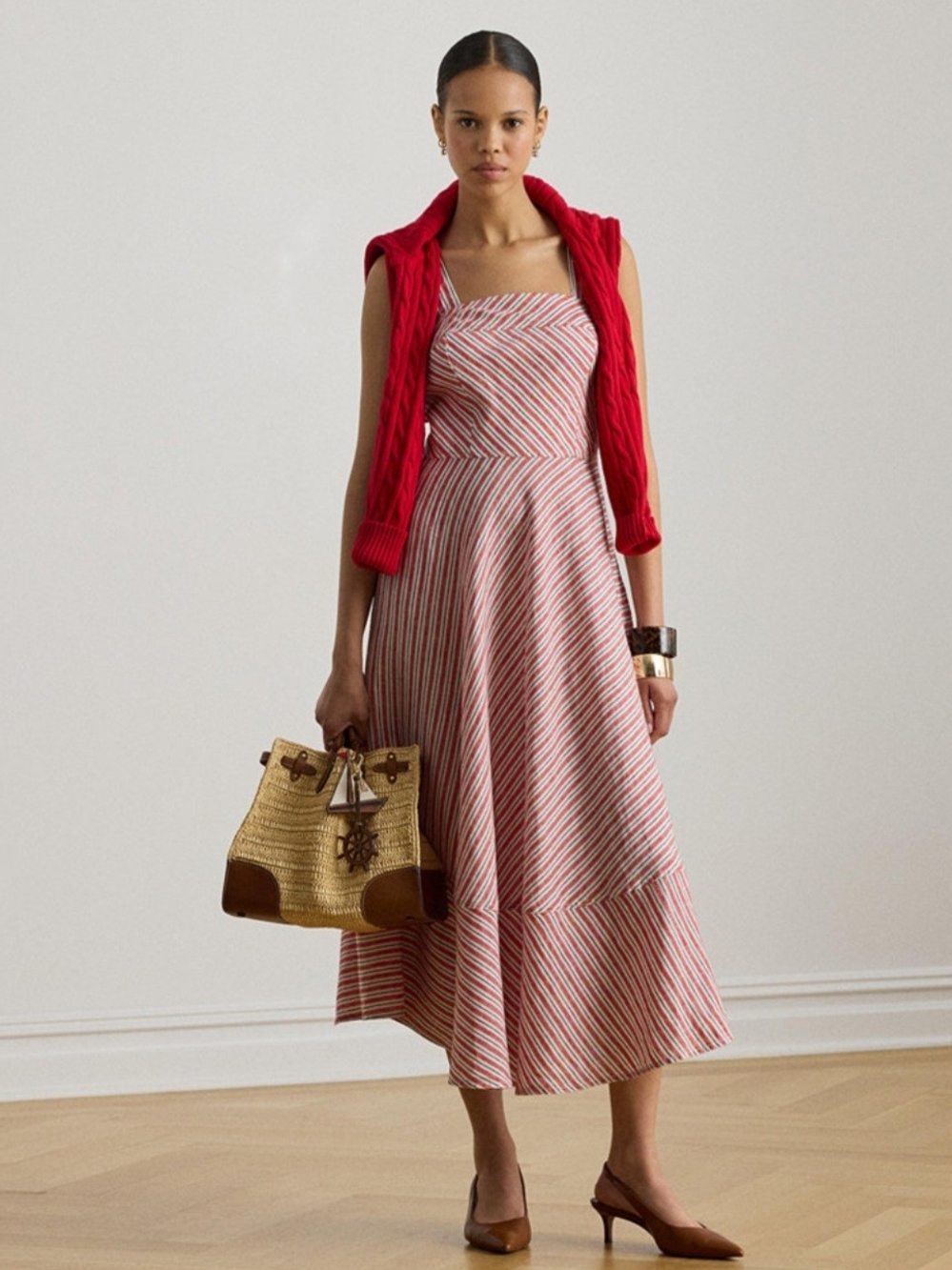 Ralph Lauren Striped Linen Midi Dress with Flared Skirt Size 12 NWT